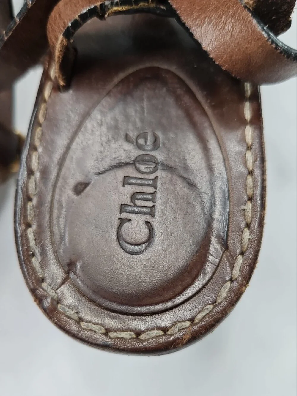 Chloe Brown Leather Strappy Gold Block  Sandals Size 39.5